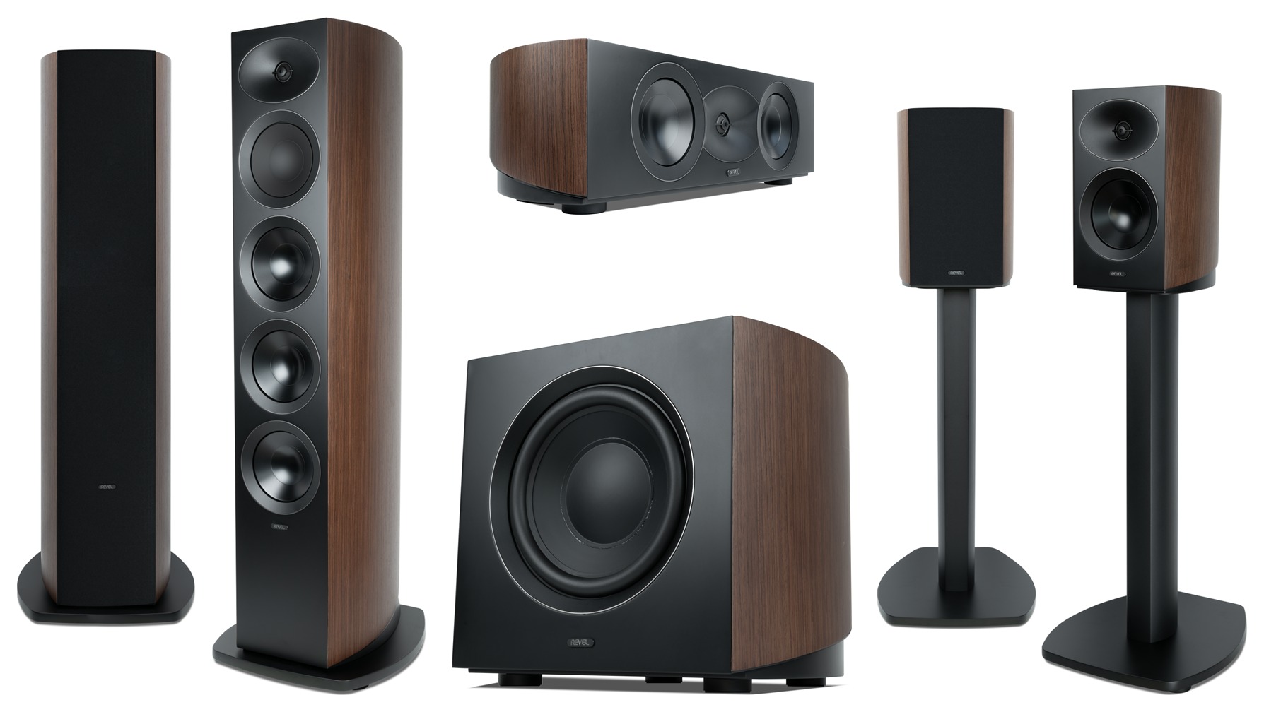 Revel Performa4 Series loudspeakers in Natural Walnut veneer including the F346 3-way floorstanders on the left, C245 center channel and B140 10-inch subwoofer in the center, and M146 bookshelf speakers on MFS4 floor stands on the right
