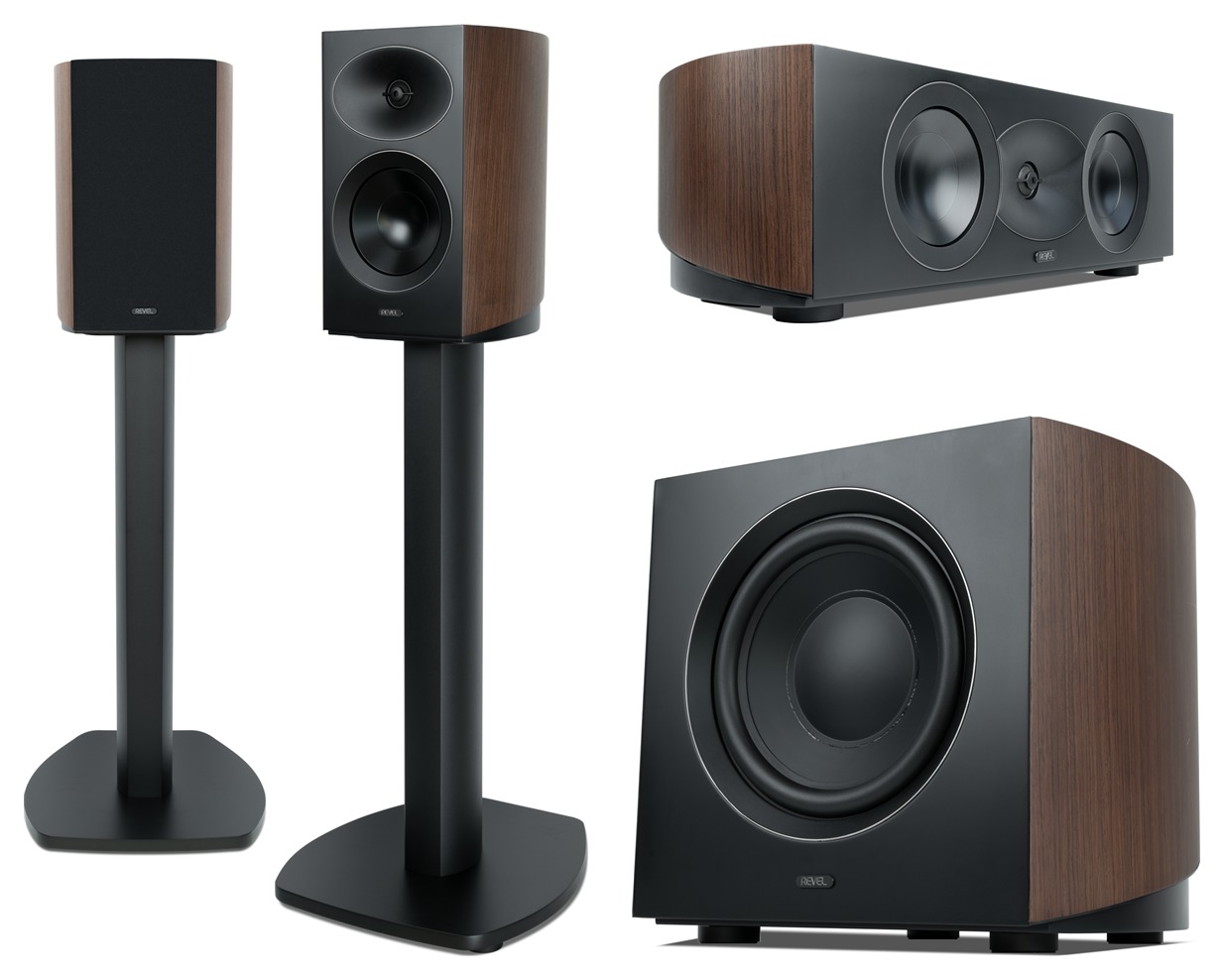 Revel Performa4 M146 6.5-inch 2-way bookshelf speakers on MFS4 floor stands in Natural Walnut next to the Performa4 C245 center channel speaker and B140 10-inch powered subwoofer