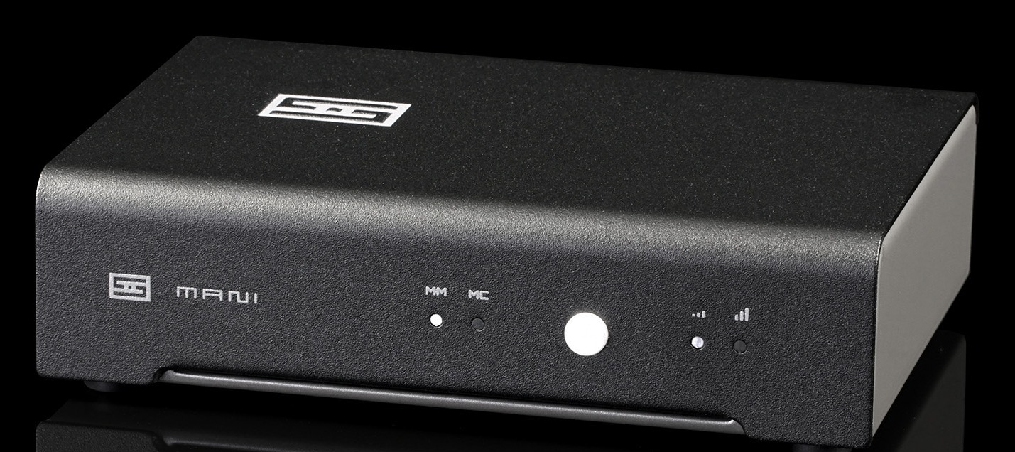 Front view of the black Schiit Mani 3 phono preamplifier showing the front-panel MM/MC and Gain pushbuttons and indicator LEDs