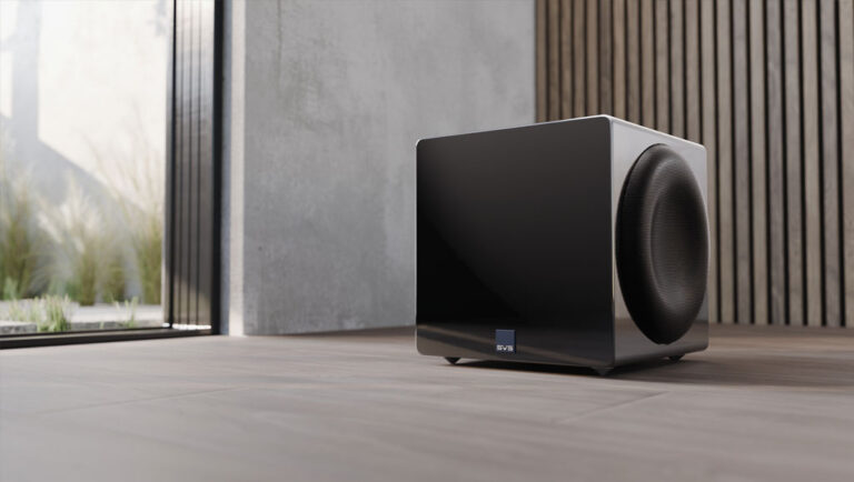 Piano Gloss Black SVS 3000 Micro R|Evolution subwoofer positioned in a modern living room