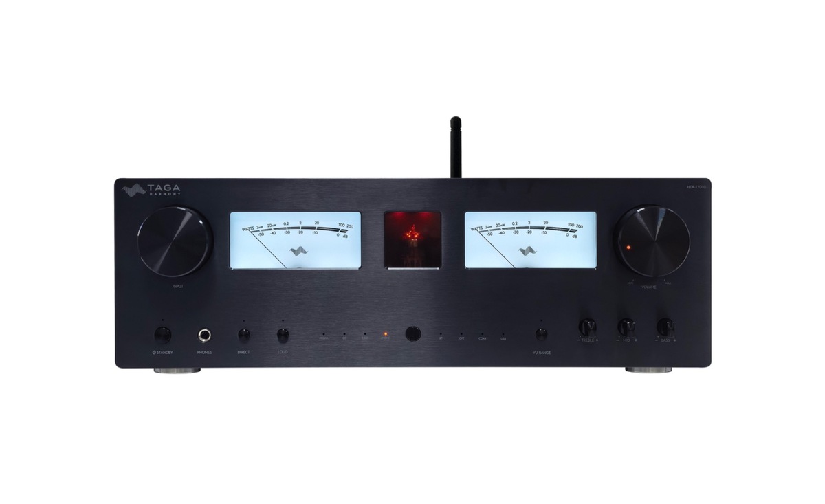 TAGA Harmony HTA-1200B Hybrid Integrated Amplifier — Front Faceplate with Dual VU Meters & Tube Window