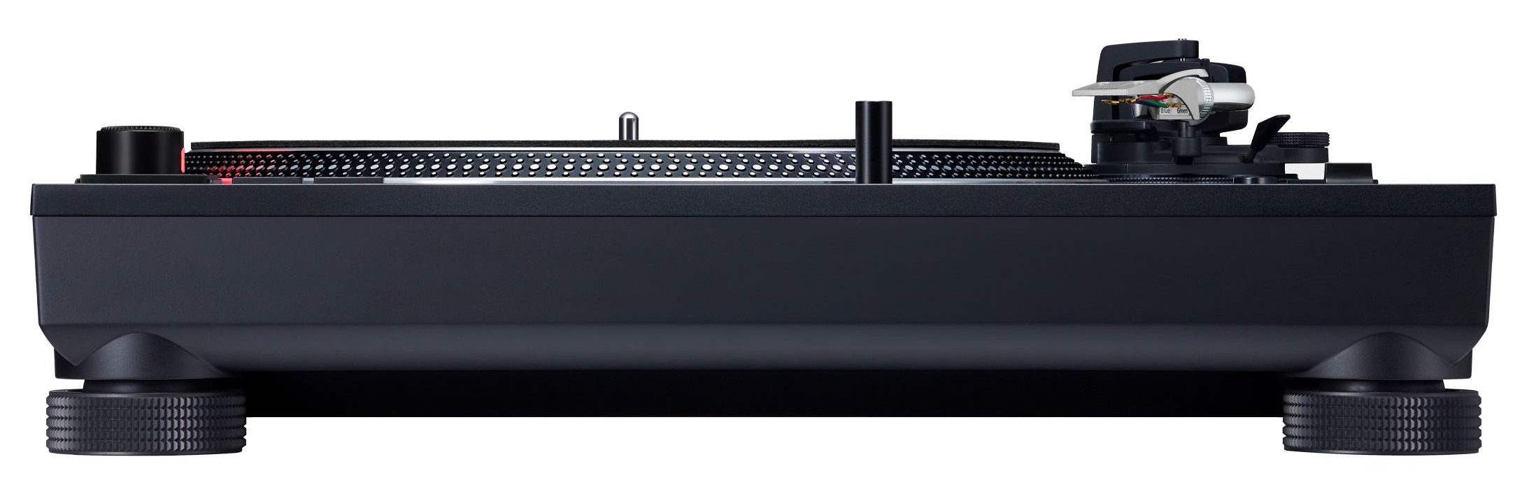 Side profile view of the Technics SL-1210MKX turntable highlighting the two-layer chassis and redesigned hybrid-rubber insulator feet