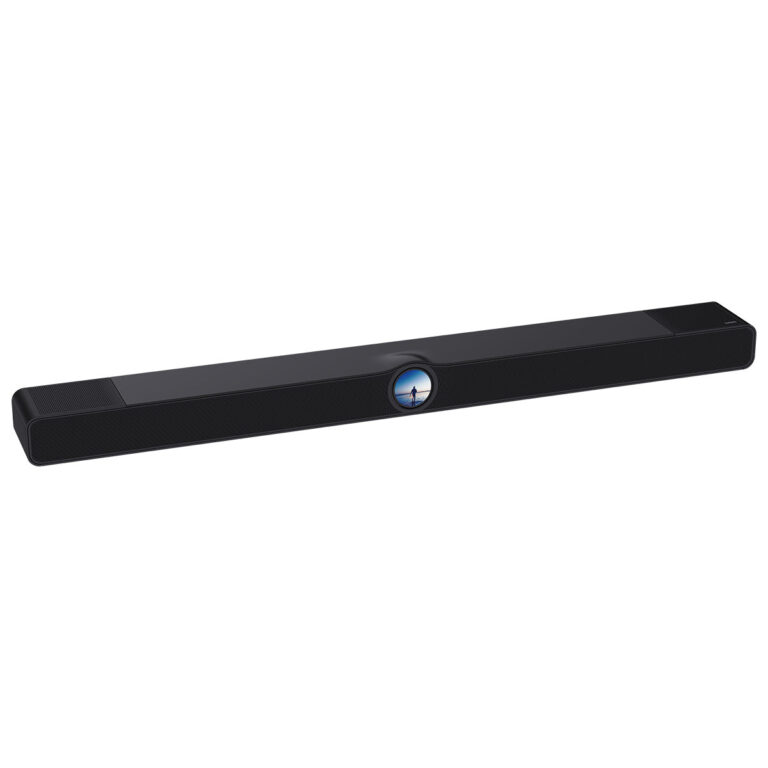 Three-quarter front view of the WiiM Bar 3.0.2 Dolby Atmos soundbar showing its center 2.1-inch round full-color LCD touchscreen