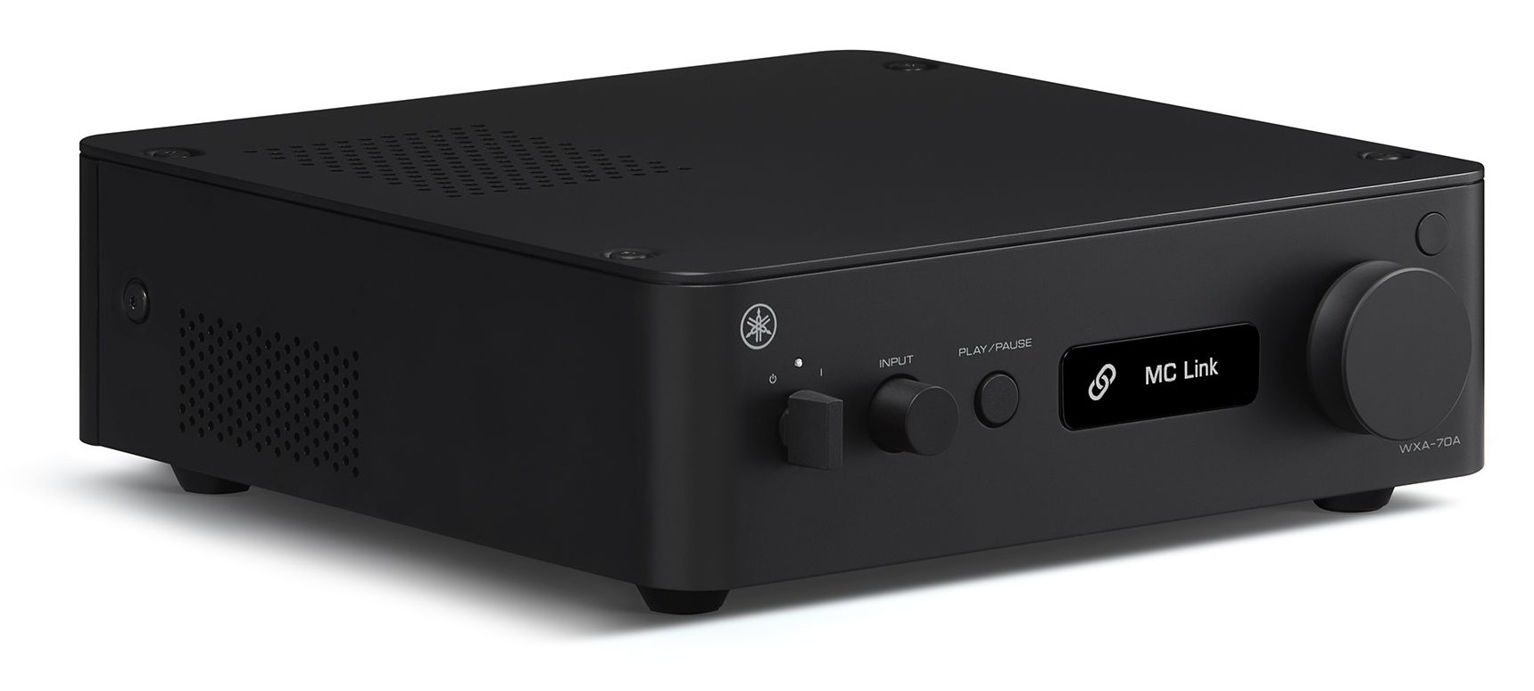 Three-quarter front studio view of the black Yamaha WXA-70A streaming amplifier showing the power switch, input knob, play/pause button, OLED display, and volume dial