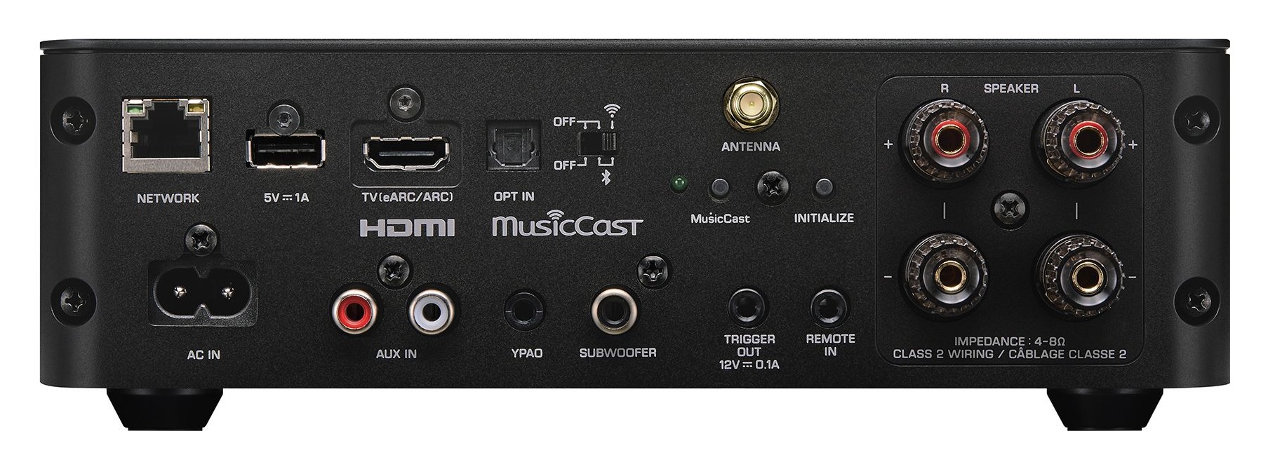 Rear panel view of the black Yamaha WXA-70A showing Ethernet, USB, HDMI eARC/ARC, optical input, RCA aux input, YPAO mic jack, subwoofer pre-out, trigger/remote ports, and speaker terminals
