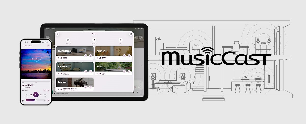 Yamaha WXA-70A compact wireless streaming amplifier in a modern living room audio system